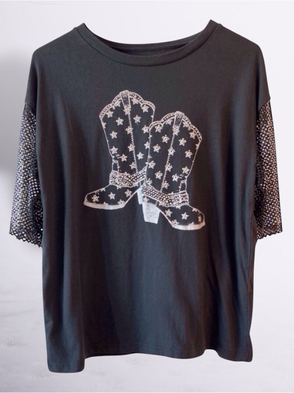 Black Western  Rhinestone Graphic Top Metal Mesh Sleeves Country Medium